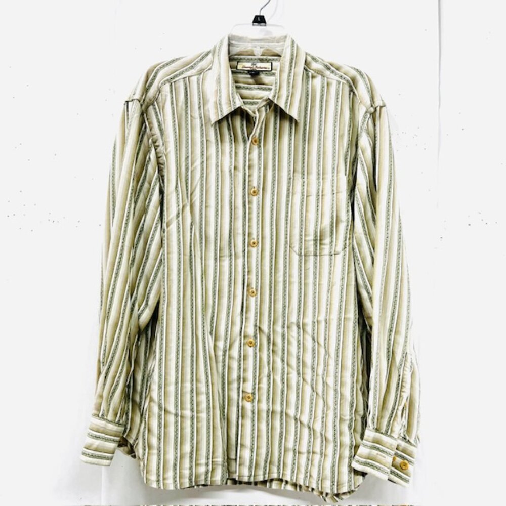 Men Tommy Bahama Casual Shirt Long Sleeve Button Down XL Olive beige Stripe (78